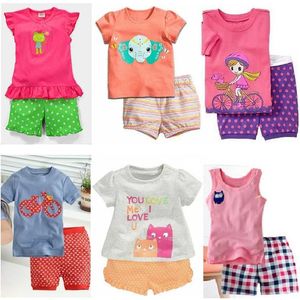 Roupas de meninas de bebê 100% algodão verão manga curta crianças camisetas Calças calças 2 3 4 5 6 7 anos de pijama de menina sleepwear 210413