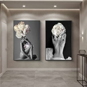 Pôsteres e Impressões Flores Femininas Pintura a Óleo Lona Imagens de Parede para Sala de Estar Decoração de Casa