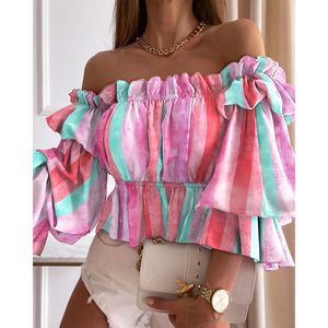 Women's Blouses & Shirts summer new European and American women's fashion printing sexy one word shoulder lotus sleeve shirt
