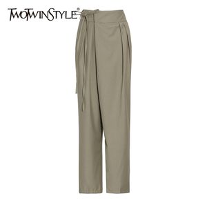 Ruched Solid Loose Spodnie Dla Kobiet Wysokiej Wasit Lace Up Bowknot Minimalistyczne Spodnie Dorywcze Kobiece Mody Odzież 210521