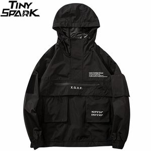 Men Hip Hop Streetwear Jacket Coat Black Windbreaker Cargo Pullover Harajuku Hooded Track Tactical Outwear 211110