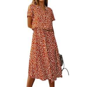 Ladies Bohemian Polka Dot Print Shirt Dress Donna Casual Midi Holiday Summer Dress Donna A-line Loose Women Beach Dress Vestido 210416