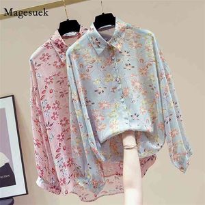 Jesień Koreański styl z długim rękawem Top Kobiety Floral Plus Size Luźna Szyfonowa Bluzka Cardigan Button Up Koszula Blusas 11596 210512