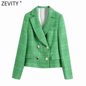 Kvinnor England Style Dubbelbröst Grön Tweed Woolen Blazer Coat Vintage Kvinna Långärmad Chic Passar Toppar CT695 210420