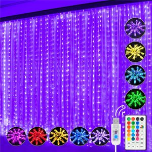 3 * 3M Cuerdas LED Luz 16 colores Cambio de luces de cortina USB 7 Modos con lámpara de hadas remota para Dormitorio Dormitorio Día de la Ventana Día de la Decoración