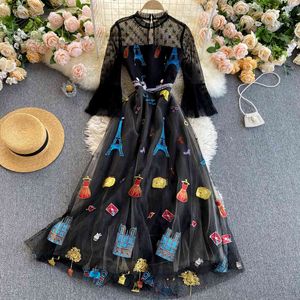 Singreiny جودة عالية شبكة التطريز اللباس المرأة الكورية الأزياء تصميم ألف خط فساتين الربيع أنيقة الشارع الشهير فستان طويل 210419