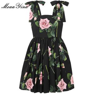 Mode Designer Cotton Dress Summer Women's Dress Rose Floral-Print Black Vacation Dresses 210524