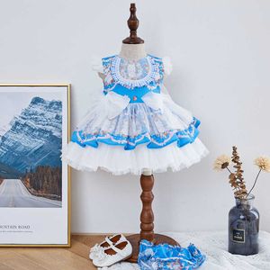 2個の赤ちゃんの女の子スペインの青いドレス夏の幼児七面鳥ビンテージプリンセスドレス女の子子供のための女の子のための服210615