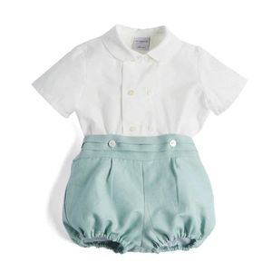 Meninos espanhol boutique vestuário conjunto menino roupa de verão terno camisa de algodão infantil + calça suspensora roupa de festa de aniversário de bebê 210615