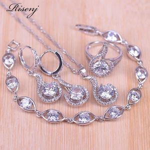 Risenj Promotion White Crystal & Zircon Silver Color Jewelry Set Earrings Ring Necklace Bracelet Set Bridal Jewelry H1022