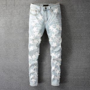 Yüksek Kaliteli Streetwear Tasarımcı Patchwork Marka Jean Erkekler Hip Hop Deri Yıldız Dikiş Yırtık Kot Denim Pantolon