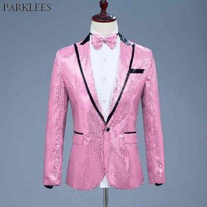 ピンクスパンコンワンボタンドレスブレザーブランドナイトクラブプロム男性スーツジャケット結婚式ステージシンガーコスチューム（Bowtie include）210522