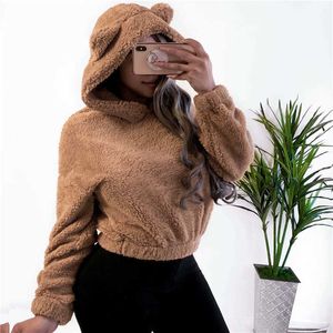 Lovely Bear Ears Warm Plush Hoodies Kvinnor Höst Axel Crop Top Teddy 2020 Fashion Pullover Sweatshirt Harajuku Hooded Hoodie Y0820