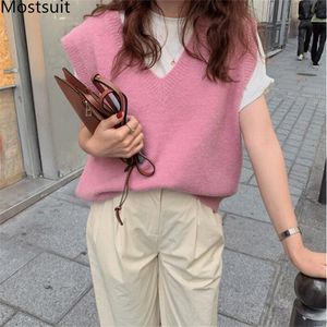 Vår koreanska mode stickade väst tröja kvinnor ärmlös v-hals solid casual löst kontor pullover toppar rosa kamel 210518