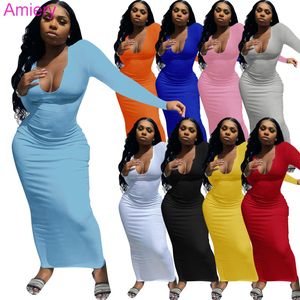 Designers Maxi Dresses For Women Deep V-neck Knitted Long Sleeve Bodycon Dress Sexy Club Wear Skirt Summer And Autumn Clothing