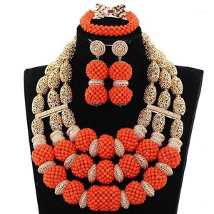 Ohrringe Halskette Orange Korallen Perlen Anhänger Afrikanische Hochzeit Schmuck Set Dubai Gold Nigeria Braut Handgemacht NCL132