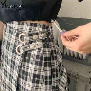 Koreansk plaid gotisk wrap kjol kvinna sommar söt hög midja a-line mini kjol vintage casual kvinnor chic sashes 210421