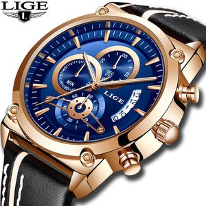 Lige Blue WristWatch Mens Relógios Top Marca de Couro de Luxo Relógio de Quartzo Para Homens Esporte Relógio Masculino Cronógrafo Impermeável 210527