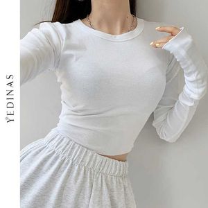 Yedinas韓国風スリムTシャツ女性ソリッド長袖クロップトップ原宿日本の白いTシャツコットンベーシックティーストリートウェア210527
