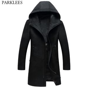 Kış Uzun Kapüşonlu Trençkot Erkekler Marka erkek Rahat Kaşmir Hoodie Ceket Fermuar Slim Fit Yün Peacoat Rüzgarlık 211122