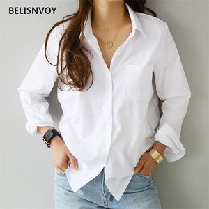 Moda Kobieta Bluzki Z Długim Rękawem Krótki Ol Bluzka Turn-Down Collar Office Casual White Basic Koszula Topy Blusas 210520
