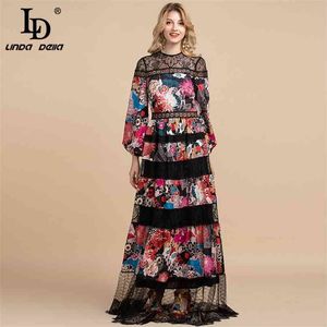 Summer Fashion Designer Vintage Maxi Dress Donne Manica lunga Teache Teachwork Flowers Stampa Party 210522
