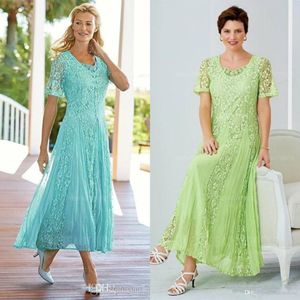 Elegant Tea Length Lace Mother Of The Bride Dresses Scoop Neck Wedding Guest Dress With Sleeves A Line Plus Size Formal Gowns
