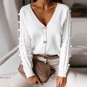 Sexy em v-pescoço de malha Mulheres Cardigan Casual Sólido Branco Branco Manga Longa Camisola Outono Inverno Senhoras Tops 210427