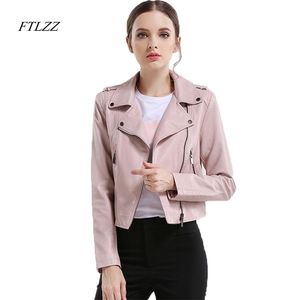 Höst Kvinnor Läderjacka Faux Soft Pink Coats Short Design Slim PU Motorcykel Outwear 210430
