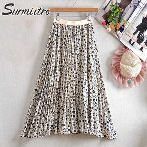 SURMIITRO Summer Midi Long Pleated Skirt Women Korean Style Blue Chiffon Floral Print High Waist Mid-Length Skirt Female 210712