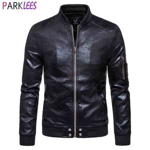 Stand Collar Baseball Bomber Leather Jacket Men Brand Cuffs Rib Men PU Leather Jacket Casual Slim Fit Chaqueta Moto Hombre 210522