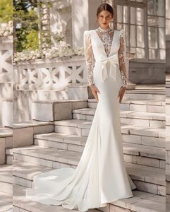 Princess Lace Appliques Mermaid Wedding Dresses Long Sleeves Bridal Gown Custom Made Floor Length Graceful High Neck Robes De Mariée