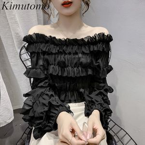 Kimutomo Ruffles Chiffon Blouse Spring Fashion Girls Slash Neck Off Axel Flare Ärm Kort Skjorta Elegant Casual 210521