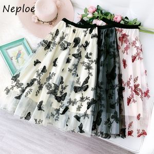Neploe New Summer Mesh A-Line Elastic High Waist Tulle Pleated Skirts Ladies Chic Butterfly Embroidery Knee-Length Jupe 210423