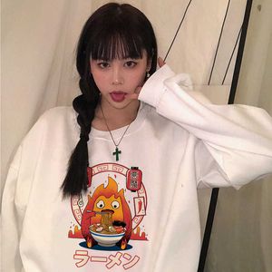 Japansk kvinnlig tecknadtryck stor storlek kortärmad lös toppar tröja vintage söt sommar hajuku roligt ins 210608