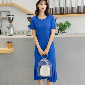 Women Summer Dress Casual O-neck Short Sleeve 6 Colors Modal Mermaid Mid-Calf Long Dresses Black Home Gown Frocks for Women 210625