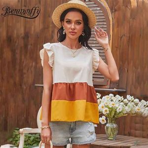 Oansatz Ärmellose Farbblock Frauen T-Shirts Mode Sommer Weibliche Kleidung T-shirt Rüsche Hülse Casual Lady Tees Top 210510