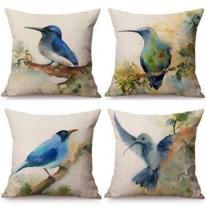 Yastık / Dekoratif Yastık Çin Tarzı Suluboya Mavi Kuşlar Baskı Dekoratif Kılıf Mürekkep Boyama Bluebird Kingfisher Veranda Açık Cushio