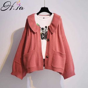 H.Sa Fall Fall Fashion Women Winter sweter Cardigans Turn Down Collar Ruffles Sweter Cardigans Dzianiny Płaszcz Płaszcz 210716