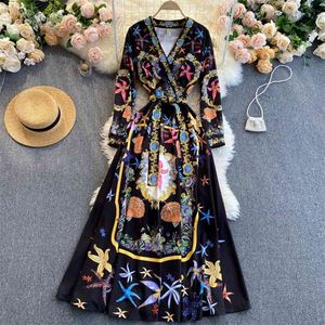 Women Fashion Retro Exotic Print Cross V-neck Long Sleeve Slim A-line Dress Vintage Clothes Vestidos R804 210527