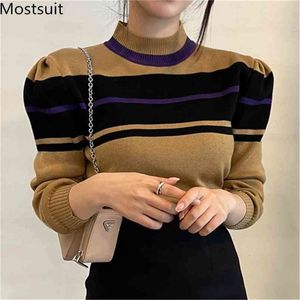 O-pescoço listrado de malha mulheres pulôver camisola mola manga cheia coreana vintage moda senhoras jumpers tops femme 210513