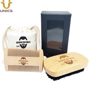 MOQ 100 sätter OEM Custom Logo Beech Wood Hair Beard Grooming Kits med påse Box för Man Mustasch Beards Brush och Comb Set