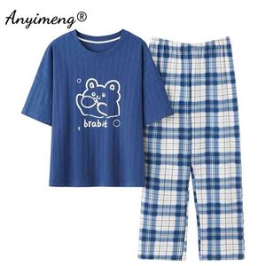 Letni Loungewear Kobiet Pijamas Szorty Bawełniane Tekstura Błękitna Plaid Młody Panie Koreańska Piżama Moda Kobieta Piżama Set 210830