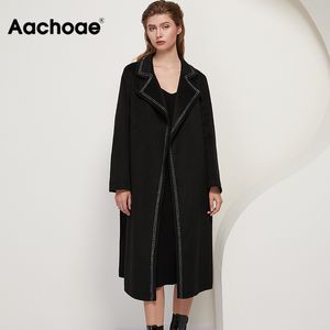 ACHOAE 여자 우아한 100 % 양모 긴 코트 겨울 줄무늬 긴 소매 슈셋 outwear 코트가 칼라를 켜고 칼라 검은 overcoat 210413