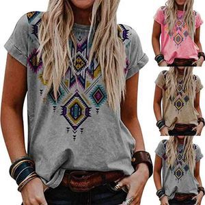 Plus Storlek Lös Tshirt Kvinnors sommar Casual Print Shirt Round Neck Boho Tops Chemise Femme 5XL 210623