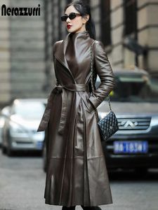 ネラZURRI秋の長い茶色の黒の柔らかいフェイクの革のトレンチコートのための革のトレンチのコート長袖スカートエレガントな高級ファッション210909