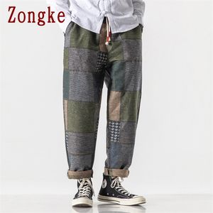 Zongke inverno xadrez calças homens corredores sweatpants japonês streetwear calças casuais harajuku s m-5xl 210715