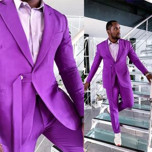 Summer Purple Customized Mens Wedding Tuxedos Peaked Lapel Slim Fit Groom Wear Dinner Prom Party Blazer 2 Pieces (Jacket+Pants)