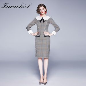 Spring Women Preppy Style Plaid Z Długim Rękawem Peter Pan Collar Bow Dresses Runway Design Elegancka sukienka na kolana 210416