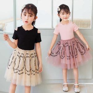 Kids Girls Summer Cotton Patchwork Mesh Dress Princess Elder Barn Casual Wear Outfit Kläder 210529